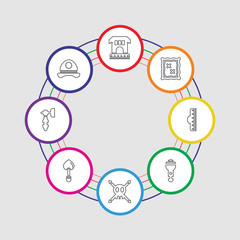 8 colorful stroke icons set included hat, hammer, shovel, skull, flashlight, ruler, map, archaeological