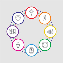 8 colorful stroke icons set included shield, map, bowl, egypt, box, coin, greek, search