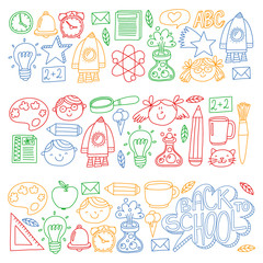 Vector pattern with school icons with little students. Children study chemistry, creativity, mathematics, physics, algebra, geometry, biology, geography, astronomy.