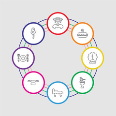 8 colorful stroke icons set included room key, restaurant, towels, bed, cocktail, information, fast food, wifi