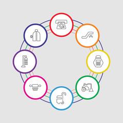 8 colorful stroke icons set included elevator, shower, towel, suitcase, vacuum cleaner, calendar, stairway, telephone