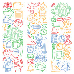 Vector pattern with school icons with little students. Children study chemistry, creativity, mathematics, physics, algebra, geometry, biology, geography, astronomy.