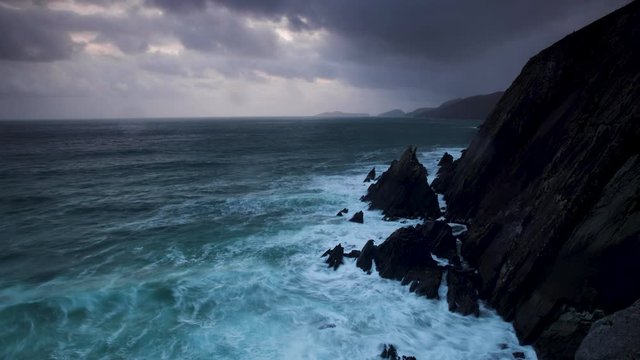 footage of the rocky coastline at Coumeenoule in the dingle peninsula on the southern coast of Ireland, a filming location of the star wars movies