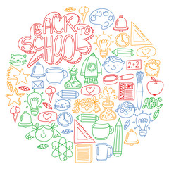 Vector pattern with school icons with little students. Children study chemistry, creativity, mathematics, physics, algebra, geometry, biology, geography, astronomy.