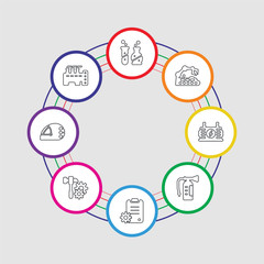 8 colorful stroke icons set included factory, helmet, tools, plan, fire extinguisher, battery, conveyor, chemistry