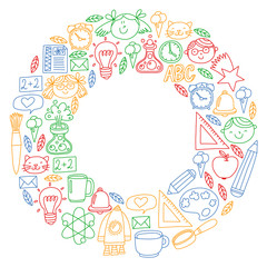 Vector pattern with school icons with little students. Children study chemistry, creativity, mathematics, physics, algebra, geometry, biology, geography, astronomy.