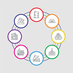 8 colorful stroke icons set included nuclear plant, package, conveyor, factory, container, mechanism, helmet, oil