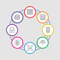 8 colorful stroke icons set included internet, unlocked, fingerprint scan, eye scan, umbrella, smartphone, profile, hosting