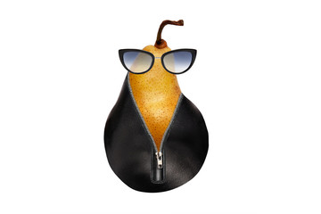 Pear in glasses and a leather jacket
