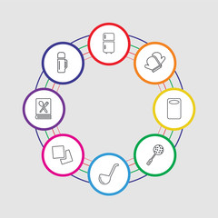 8 colorful stroke icons set included bottle, recipe, napkin, ladle, skimmer, kitchen board, mitten, fridge