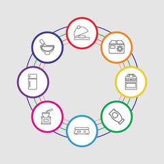 8 colorful stroke icons set included mortar, fridge, coffee grinder, scale, salt, stove, freezer, tray