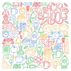 Vector pattern with school icons with little students. Children study chemistry, creativity, mathematics, physics, algebra, geometry, biology, geography, astronomy.