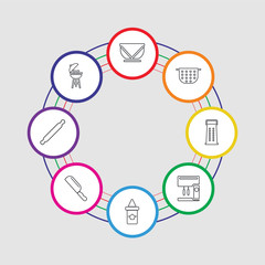 8 colorful stroke icons set included barbecue, rolling pin, knife, sauces, mixer, grater, strainer, bowl