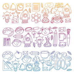 Vector pattern with school icons with little students. Children study chemistry, creativity, mathematics, physics, algebra, geometry, biology, geography, astronomy.
