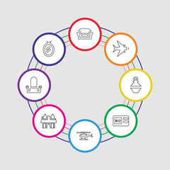8 colorful stroke icons set included mirror, throne, cottage, helicopter, vip pass, perfume, airplane, armchair
