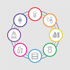 8 colorful stroke icons set included wristwatch, shopping bag, champagne, picture, diamond ring, cityscape, lipstick, diamond ring