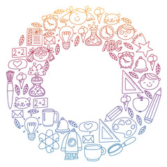 Vector pattern with school icons with little students. Children study chemistry, creativity, mathematics, physics, algebra, geometry, biology, geography, astronomy.