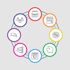 8 colorful stroke icons set included audience, conversation, community, web shop, pig bank, sale, rating, shop