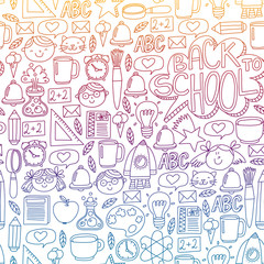 Vector pattern with school icons with little students. Children study chemistry, creativity, mathematics, physics, algebra, geometry, biology, geography, astronomy.