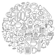 Vector pattern with school icons with little students. Children study chemistry, creativity, mathematics, physics, algebra, geometry, biology, geography, astronomy.