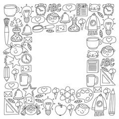 Vector pattern with school icons with little students. Children study chemistry, creativity, mathematics, physics, algebra, geometry, biology, geography, astronomy.
