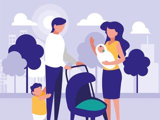 Obraz premium couple of parents and children in park in the city, scene of people outdoor