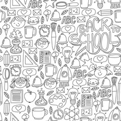 Vector pattern with school icons with little students. Children study chemistry, creativity, mathematics, physics, algebra, geometry, biology, geography, astronomy.