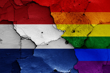 flags of Netherlands and LGBT painted on cracked wall