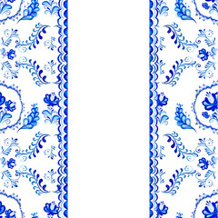 Watercolor card with blue watercolor floral background in folk gzhel style. Hand painting vertical ornament. Russian floral  pattern.  for greeting, christmas, wedding card or invitations, Elegant