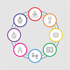 8 colorful stroke icons set included vortex, magnet, compass, magnet, geometry, vortex, sound fork, submerge