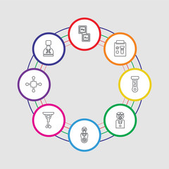 8 colorful stroke icons set included poison, atoms, filter, toxic, professor, test tube, list, periodic table