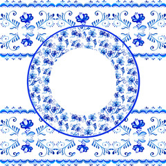 Watercolor card with blue watercolor floral background in folk gzhel style. Hand drawn Decorative template for greeting card or invitations,  business cards or gift tags with space for company name.