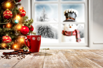 Desk of free space and winter window 