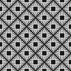 Seamless geometric pattern with floral elements. Black and white square background.