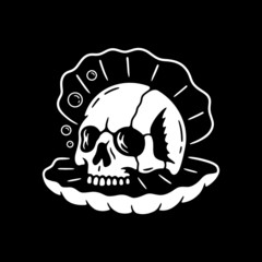 SEA SHELL WITH SKULL WHITE BLACK BACKGROUND