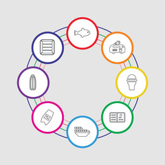 8 colorful stroke icons set included air mattress, surfboard, bodyboard, cruise, postcard, soft drink, ice cream van, fish