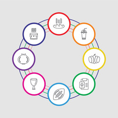 8 colorful stroke icons set included soup, onion, wine, american football, letter, pumpkin, soda, bread