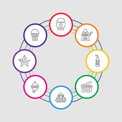 8 colorful stroke icons set included popcorn, united states, burger, white house, movie, drink, casino, coffee