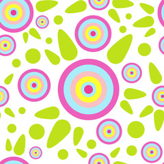 Seamless endless vector pattern. Simple abstract design. Little cute round geometric  tea flowers with leaves. Bright punch pastel children’s colors, perfect for textile, fabric, wallpaper