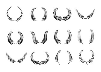 Collection of different black and white silhouette circular laurel foliate,  and olive wreaths depicting , achievement, heraldry, nobility. Vector illustration.