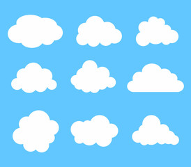 Clouds collection. White Clouds vector icons on blue background. 