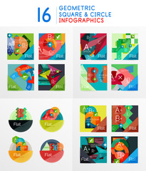 Set of geometric infographics created with triangles, squares and other elements. Modern abstract diagram compositions with options, workflow steps