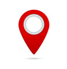 Map pointer icon. GPS location symbol. Flat design. Red on white background.