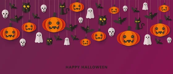 Foto op Plexiglas Happy Halloween paper cut banner with violet background. © sabelskaya