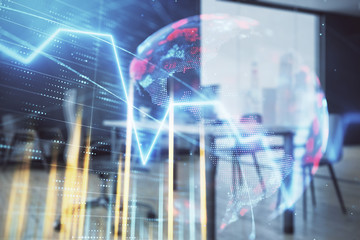 Forex chart hologram with map and minimalistic cabinet interior background. Double exposure. International business concept.
