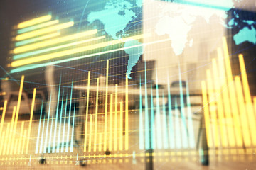 Forex chart hologram with map and minimalistic cabinet interior background. Double exposure. International business concept.