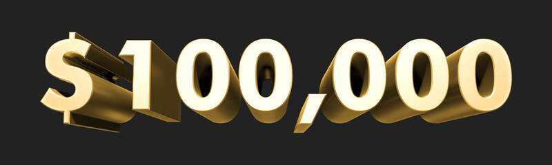 100.000$ One hundred thousand dollars. Metallic gold 3D numbers. 3D Illustration. Rendering. Isolated on black background