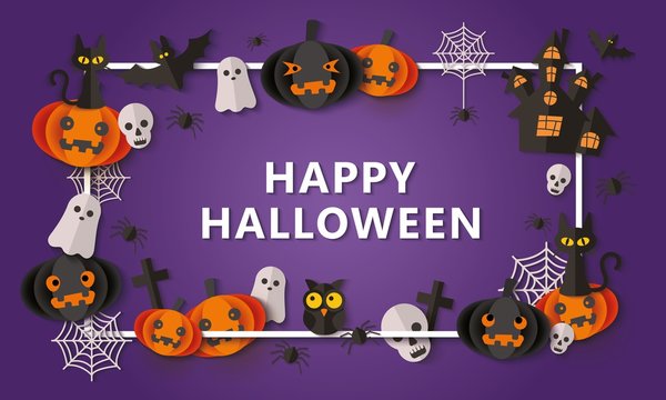 Halloween violet banner and background with frame and decoration of pumpkins and skulls.