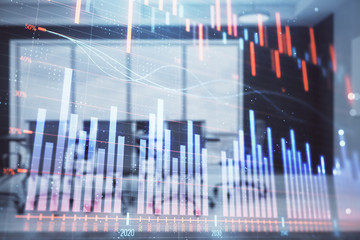 Double exposure of forex chart on conference room background. Concept of stock market analysis