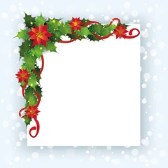 Naklejka premium Christmas card template with red poinsettia flower and green holly leaves decoration